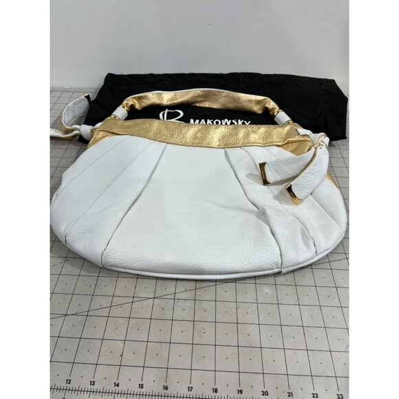 B. Makowsky White & Gold Leather Hobo Bag Dust Bag Animal Print Lining excellent - Picture 4 of 10